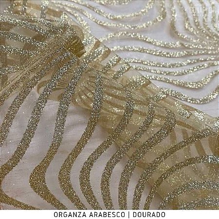 Organza Glitter Arabesco Dourado tecido transparente e firme 1,50m Largura