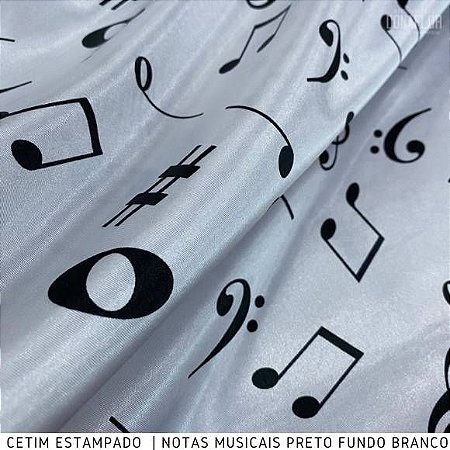 Cetim Notas Musicais fundo Branco 100% Poliéster, Forros, Decorações - Medida 1metro x 1,50Largura