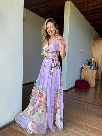 vestido longo de crepe de seda estampado