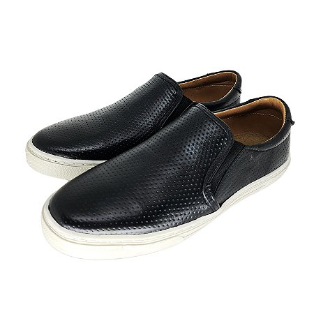 Tênis Slip On Couro Preto Furadinho