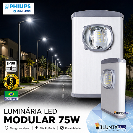 Luminária LED Pública Modular para Poste 75w | Bivolt | IP66 | 10.500 Lúmens | LED PHILIPS | 6.500k | Para Vias ou Condomínio