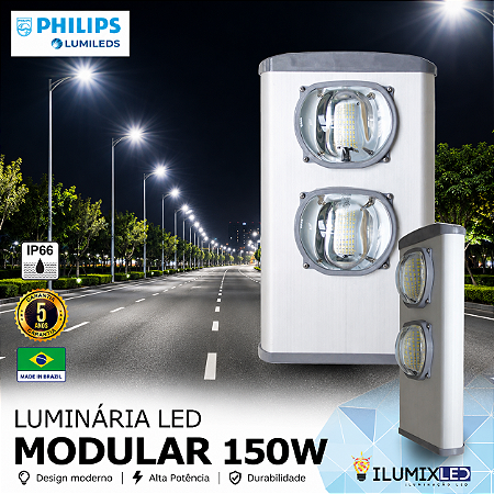 Luminária LED Pública Modular para Poste 150w | Bivolt | IP66 | 21.000 Lúmens | LED PHILIPS | Para Vias ou Condomínio
