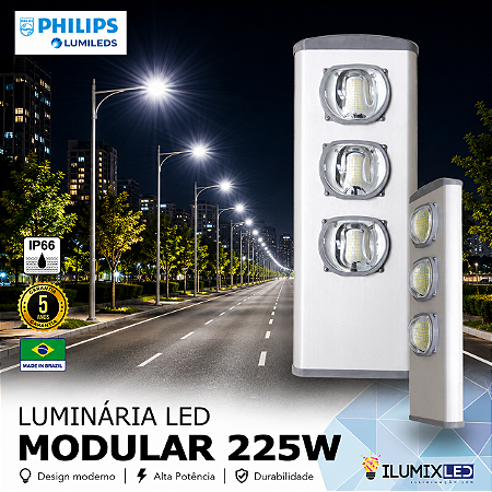 Luminária LED Pública Modular para Poste 225w | Bivolt | IP66 | 31.500 Lúmens | LED PHILIPS | Para Vias ou Condomínio