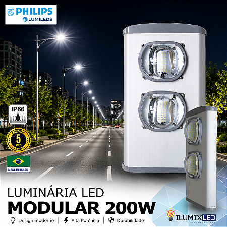 Luminária LED Pública Modular para Poste 200w | Bivolt | IP66 | 28.000 Lúmens | LED PHILIPS | Para Vias ou Condomínio