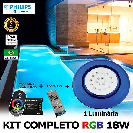 73 - KIT ILUMINAÇÃO LED PARA PISCINA 18w | 12,5 cm | RGB sistema Colorido | IP68 À Prova d'água | 1 Luminária | LED PHILIPS