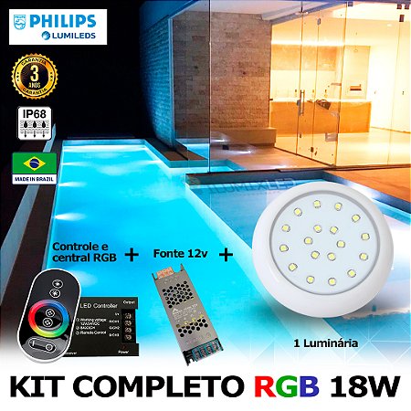 57 - KIT ILUMINAÇÃO LED PARA PISCINA 18w | 8 cm | RGB sistema Colorido | IP68 À Prova d'água | 1 Luminária | LED PHILIPS
