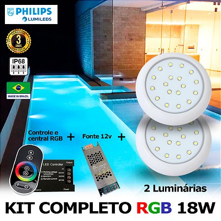 58 - KIT ILUMINAÇÃO LED PARA PISCINA 18w | 8 cm | RGB sistema Colorido | IP68 À Prova d'água | 2 Luminárias | LED PHILIPS
