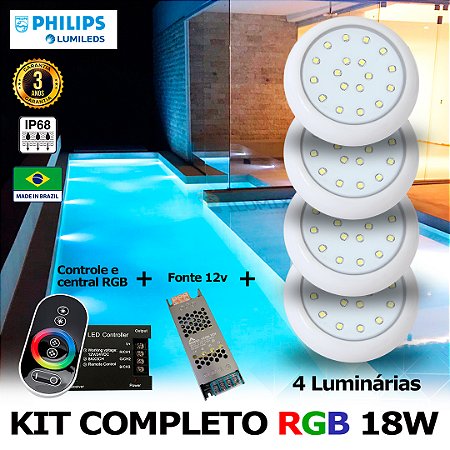 60 - KIT ILUMINAÇÃO LED PARA PISCINA 18w | 8 cm | RGB sistema Colorido | IP68 À Prova d'água | 4 Luminárias | LED PHILIPS