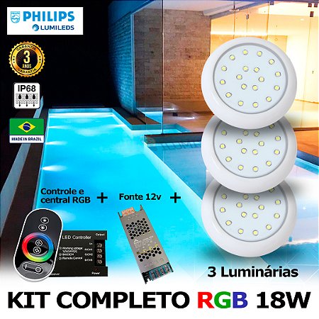 59 - KIT ILUMINAÇÃO LED PARA PISCINA 18w | 8 cm | RGB sistema Colorido | IP68 À Prova d'água | 3 Luminárias | LED PHILIPS