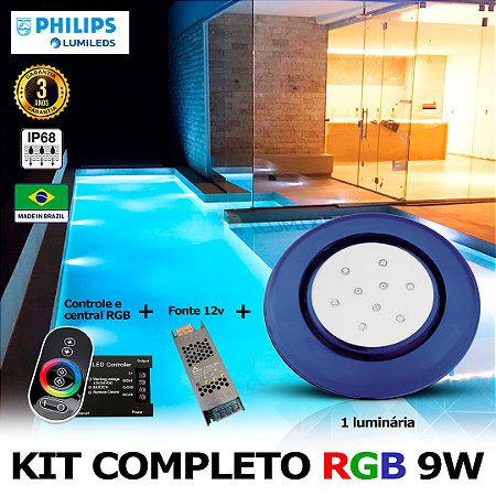65 - KIT ILUMINAÇÃO LED PARA PISCINA 9w | 12,5 cm | RGB sistema Colorido | IP68 À Prova d'água | | 1 Luminária | LED PHILIPS