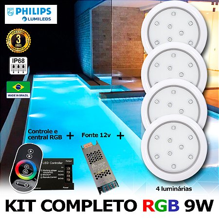 52 - KIT ILUMINAÇÃO LED PARA PISCINA 9w | 8 cm | RGB sistema Colorido | IP68 À Prova d'água | 4 Luminárias | LED PHILIPS