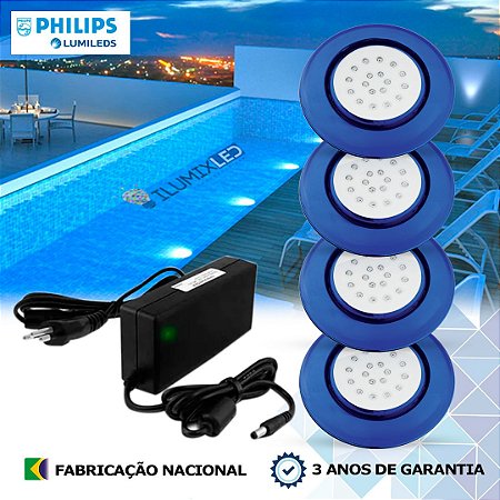36 - KIT ILUMINAÇÃO LED PARA PISCINA 18w | 12,5 cm | IP68 À Prova d'água | COR FIXA | 4 Luminárias | LED PHILIPS