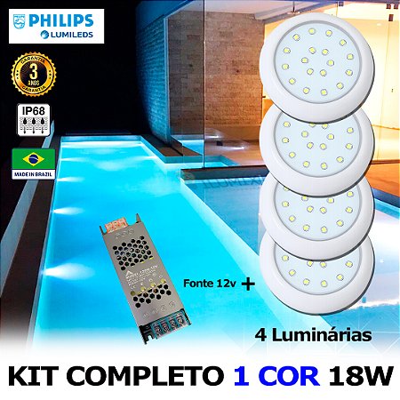 20 - KIT ILUMINAÇÃO LED PARA PISCINA 18w | 8 cm | IP68 À Prova d'água | COR FIXA | 4 Luminária | LED PHILIPS