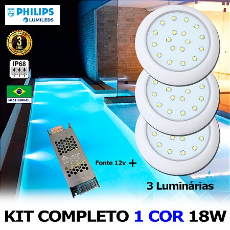 19 - KIT ILUMINAÇÃO LED PARA PISCINA 18w | 8 cm | IP68 À Prova d'água | COR FIXA | 3 Luminária | LED PHILIPS