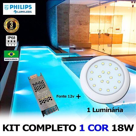 17 - KIT ILUMINAÇÃO LED PARA PISCINA 18w | 8 cm | IP68 À Prova d'água | COR FIXA | 1 Luminária | LED PHILIPS