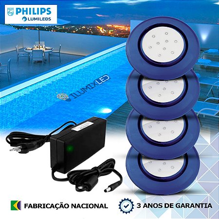 44 - KIT ILUMINAÇÃO LED PARA PISCINA 9w | 12,5 cm | IP68 À Prova d'água | COR FIXA | 4 Luminárias | LED PHILIPS