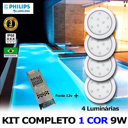 04 - KIT ILUMINAÇÃO LED PARA PISCINA 9w | 8 cm | IP68 À Prova d'água | COR FIXA | 4 Luminárias | LED PHILIPS
