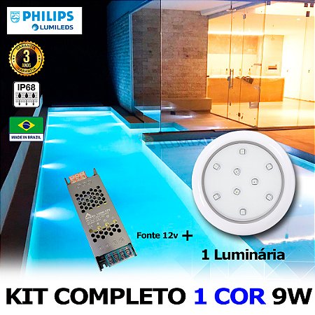 01 - KIT ILUMINAÇÃO LED PARA PISCINA 9w | 8 cm | IP68 À Prova d'água | COR FIXA | 1 Luminária | LED PHILIPS