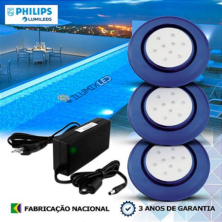 43 - KIT ILUMINAÇÃO LED PARA PISCINA 9w | 12,5 cm | IP68 À Prova d'água | COR FIXA | 3 Luminárias | LED CHIP PHILIPS