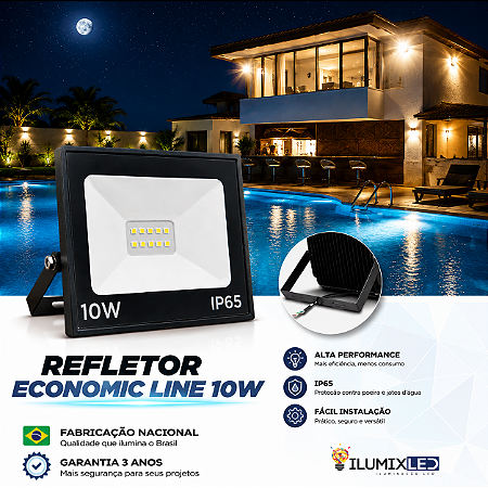 Refletor LED SMD 10w Economic | Bivolt | IP65 | 1.100 Lúmens | Branco Frio 6.500k | LED PHILIPS | COMPACTO