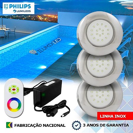 KIT ILUMINAÇÃO LED PARA PISCINA 18w | 12,5 cm | RGB sistema Colorido  | IP68 À Prova d'água | 3 Luminárias | LED PHILIPS