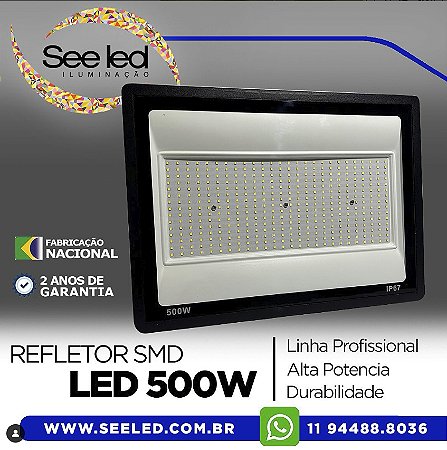 Refletor LED SMD SLIM 500w | Bivolt | IP67 | 25.000 Lúmens | 6.500k | LINHA COMERCIAL