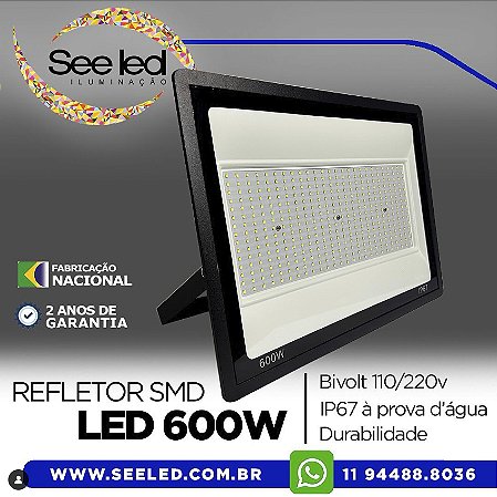 Refletor LED SMD SLIM 600w | Bivolt | IP67 | 60.000 Lúmens | 6.500k | LINHA COMERCIAL