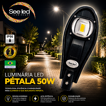 Luminária LED Pública Pétala para Poste 50w | Bivolt | IP66 | 5.000 Lúmens | 6.500k | Para Rua ou Condomínio