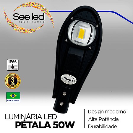 Luminária LED Pública Pétala para Poste 50w | Bivolt | IP66 | 5.000 Lúmens | 6.500k | Para Rua ou Condomínio