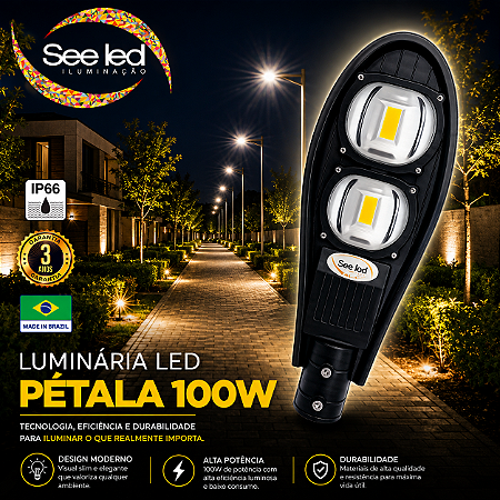 Luminária LED Pública Pétala para Poste 100w | Bivolt | IP66 | 10.000 Lúmens | 6.500k | Para Rua ou Condomínio