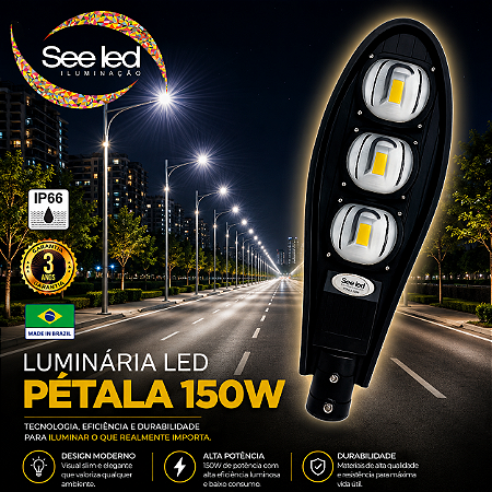 Luminária LED Pública Pétala para Poste 150w | Bivolt | IP66 | 15.000 Lúmens | 6.500k | Para Rua ou Condomínio