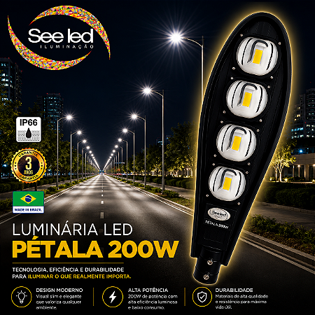 Luminária LED Pública Pétala para Poste 200w | Bivolt | IP66 | 20.000 Lúmens | 6.500k | Para Rua ou Condomínio
