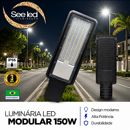 Luminária LED Pública Modular para Poste 150w | Bivolt | IP66 | 15.000 Lúmens | 6.500k | Para Rua ou Condomínio