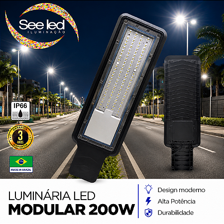Luminária LED Pública Modular para Poste 200w | Bivolt | IP66 | 20.000 Lúmens | 6.500k | Para Rua ou Condomínio