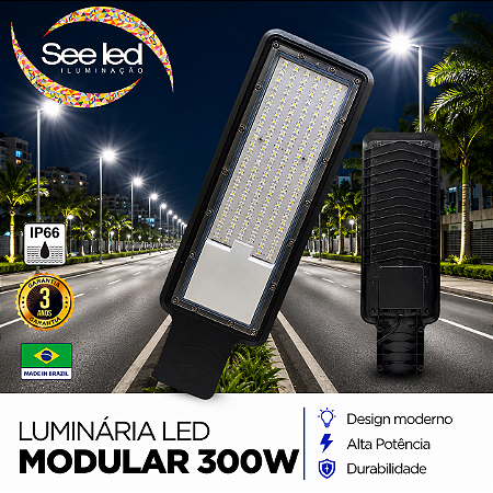 Luminária LED Pública Modular para Poste 300w | Bivolt | IP66 | 30.000 Lúmens | 6.500k | Para Rua ou Condomínio