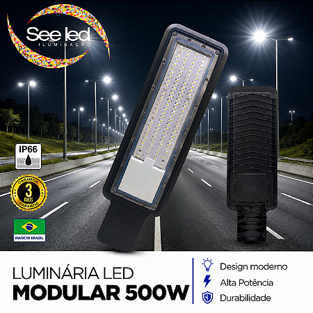Luminária LED Pública Modular para Poste 500w | Bivolt | IP66 | 50.000 Lúmens | 6.500k | Para Rua ou Condomínio