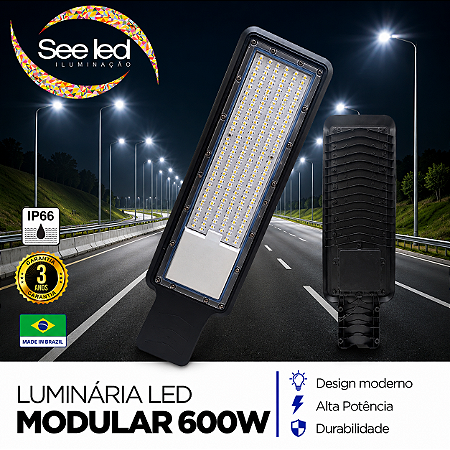 Luminária LED Pública Modular para Poste 600w | Bivolt | IP66 | 60.000 Lúmens | 6.500k | Para Rua ou Condomínio