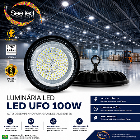 Luminária LED Industrial UFO 100w | Bivolt | IP67 | 10.000 Lúmens | 6.500k | MODELO SLIM