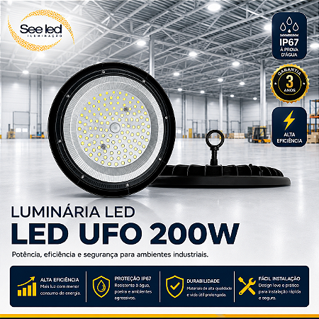 Luminária LED Industrial UFO 200w | Bivolt | IP67 | 20.000 Lúmens | 6.500k | MODELO SLIM