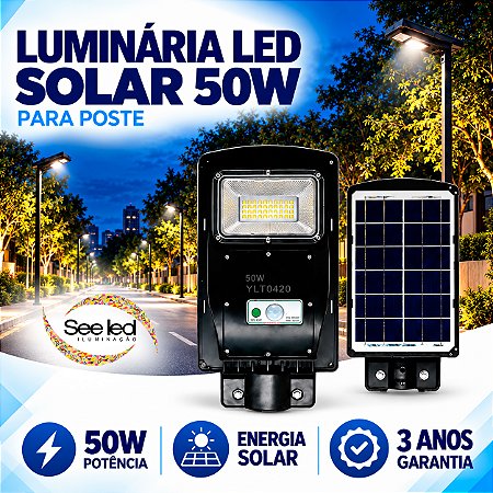 Luminária Solar LED para Poste 50w | IP65 | Autonomia 10 horas | 5.000Lm | Branco Frio 6.500k | Para Condomínios e Ruas
