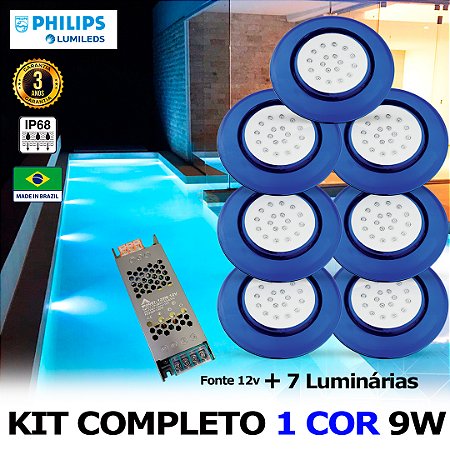39 - KIT ILUMINAÇÃO LED PARA PISCINA 18w | 12,5 cm | IP68 À Prova d'água | COR FIXA | 7 Luminárias | LED PHILIPS