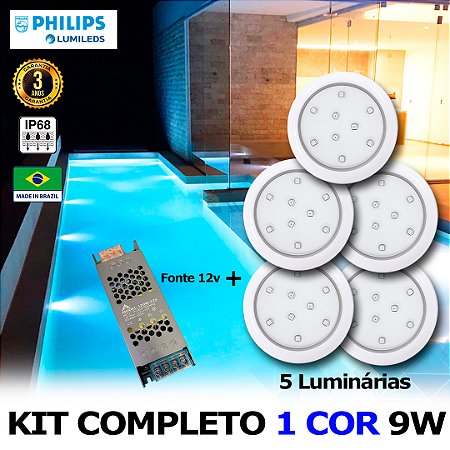 05 - KIT ILUMINAÇÃO LED PARA PISCINA 9w | 8 cm | IP68 À Prova d'água | COR FIXA | 5 Luminárias | LED PHILIPS