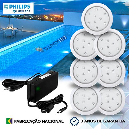 07 - KIT ILUMINAÇÃO LED PARA PISCINA 9w | 8 cm | IP68 À Prova d'água | COR FIXA | 7 Luminárias | LED PHILIPS