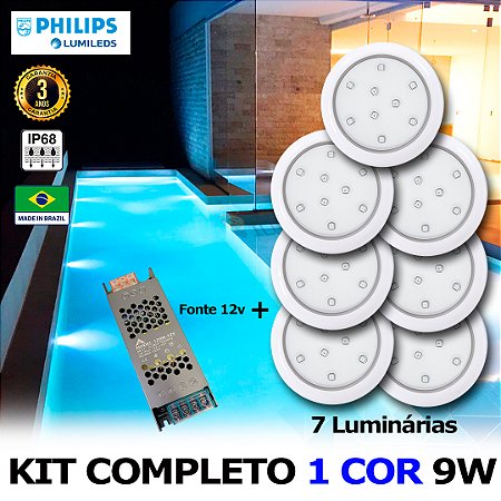 07 - KIT ILUMINAÇÃO LED PARA PISCINA 9w | 8 cm | IP68 À Prova d'água | COR FIXA | 7 Luminárias | LED PHILIPS