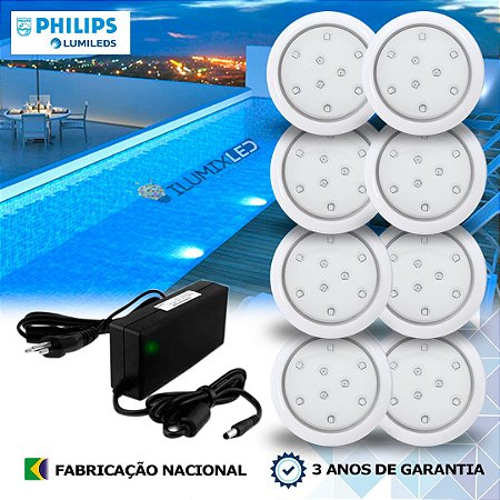 08 - KIT ILUMINAÇÃO LED PARA PISCINA 9w | 8 cm | IP68 À Prova d'água | COR FIXA | 8 Luminárias | LED PHILIPS