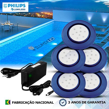 45 - KIT ILUMINAÇÃO LED PARA PISCINA 9w | 12,5 cm | IP68 À Prova d'água | COR FIXA | 5 Luminárias | LED PHILIPS