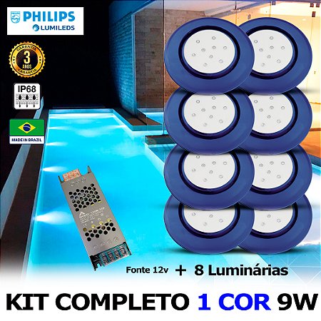 48 - KIT ILUMINAÇÃO LED PARA PISCINA 9w | 12,5 cm | IP68 À Prova d'água | COR FIXA | 8 Luminárias | LED PHILIPS
