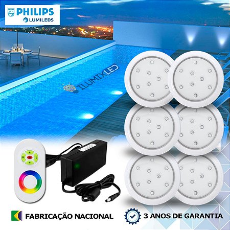 54 - KIT ILUMINAÇÃO LED PARA PISCINA 9w | 8 cm | RGB sistema Colorido  | IP68 À Prova d'água | 6 Luminárias | LED PHILIPS