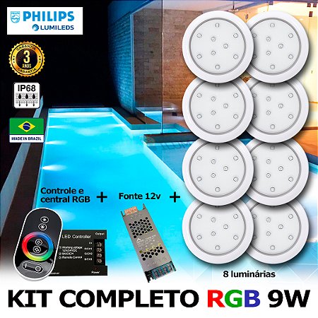 56 - KIT ILUMINAÇÃO LED PARA PISCINA 9w | 8 cm | RGB sistema Colorido | IP68 À Prova d'água | 8 Luminárias | LED PHILIPS