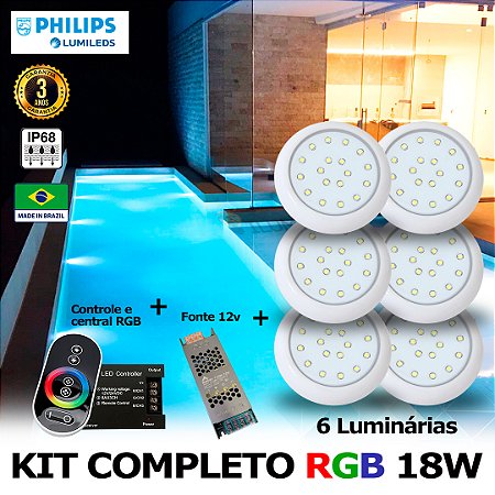 62 - KIT ILUMINAÇÃO LED PARA PISCINA 18w | 8 cm | RGB sistema Colorido | IP68 À Prova d'água | 6 Luminárias | LED PHILIPS